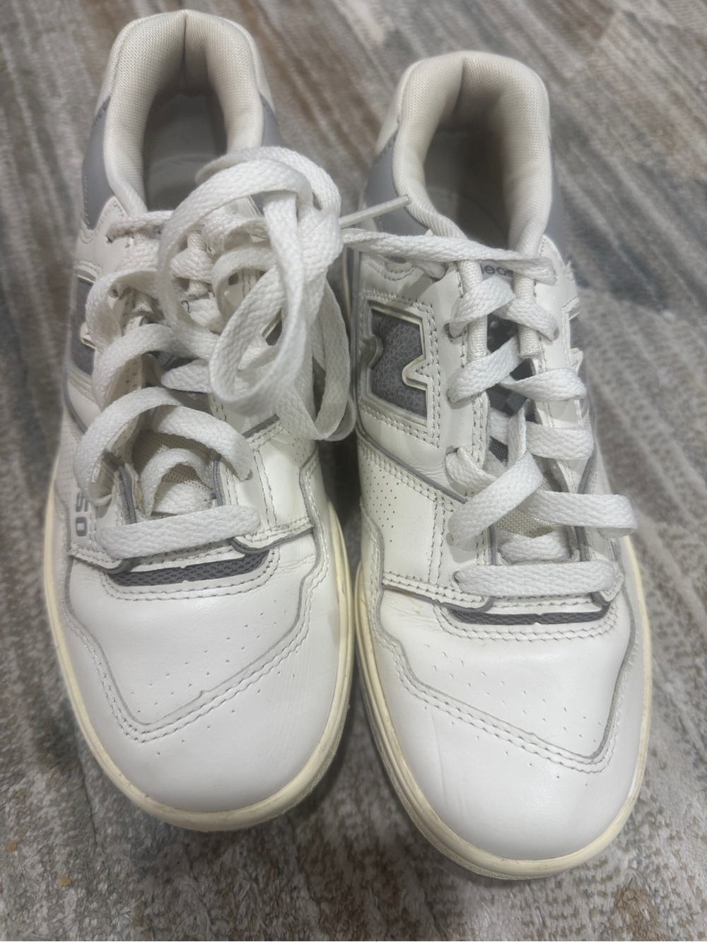 New Balance Kids White and Gray Leather Sneakers
